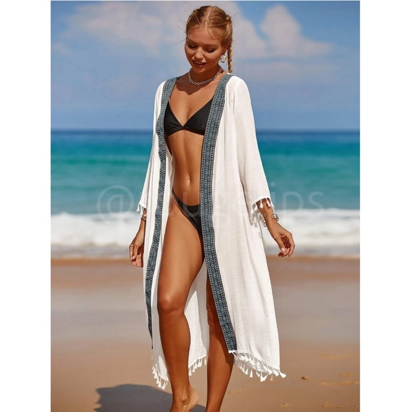 Rouge! Other - White Kimono Beach Coverup Tassel Trim Long